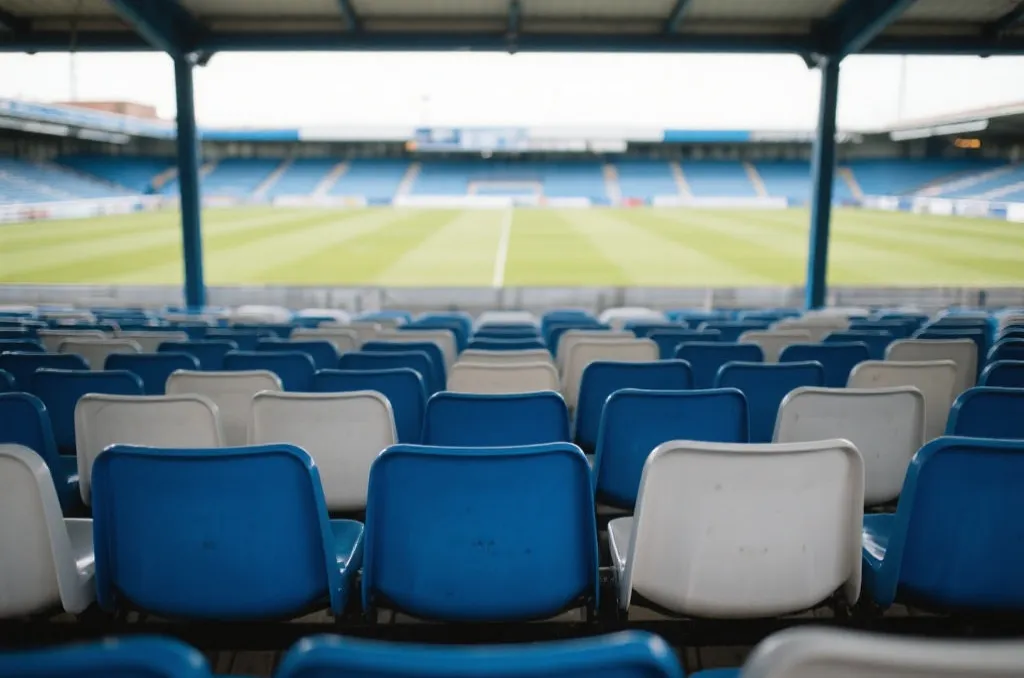 Interior close up of empty blue and white stadium seats facing an open field